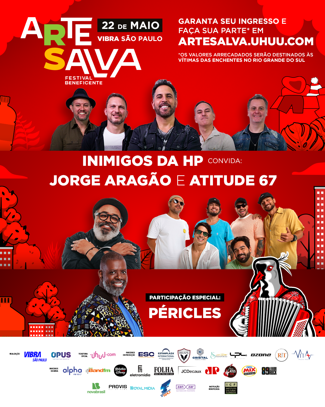 Festival beneficente em SP reúne Jorge Aragão, Péricles, Inimigos da HP e Atitude 67, em prol do Rio Grande do Sul 